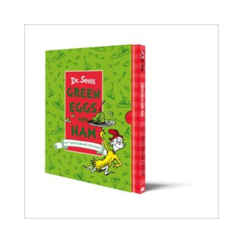 Book titled 'Green Eggs and Ham' by Dr. Seuss with a green cover and red title section.