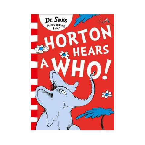 Book cover of 'Horton Hears a Who!' by Dr. Seuss with an elephant and red background.