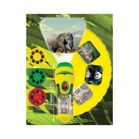 Toy projector with animal-themed slides on a green leafy background