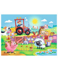Colorful children's illustration of a farm scene with animals and a tractor.