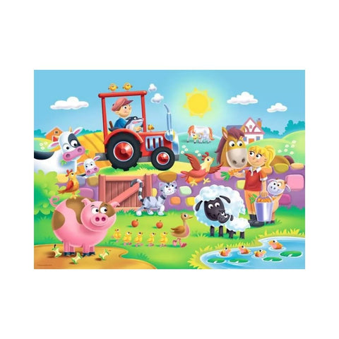 Colorful children's illustration of a farm scene with animals and a tractor.